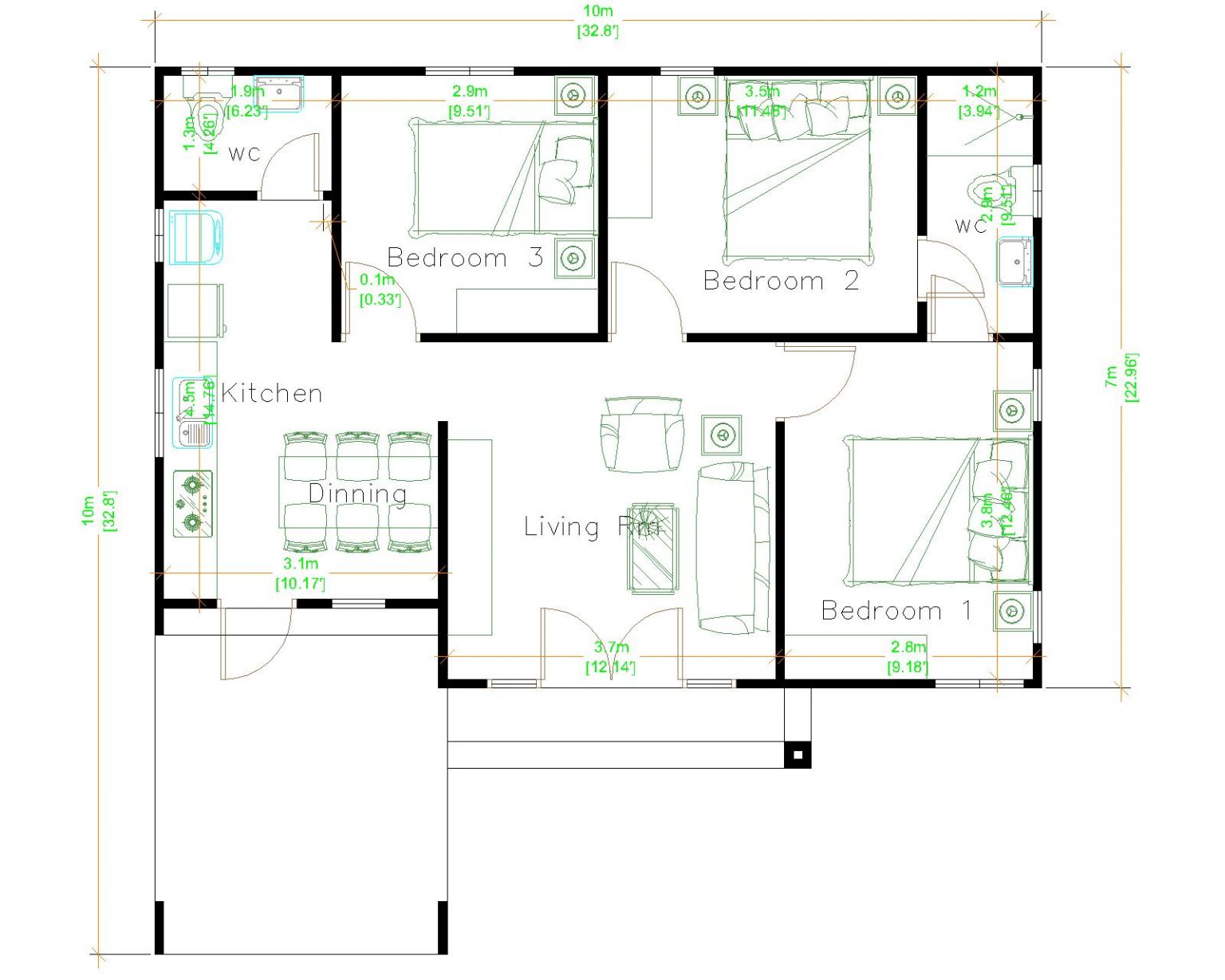 3d House Design 10x10 Meter 33x33 Feet 3 Beds Pro Home DecorZ