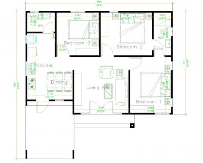 3d House Design 10x10 Meter 33x33 Feet 3 Beds - Pro Home DecorZ