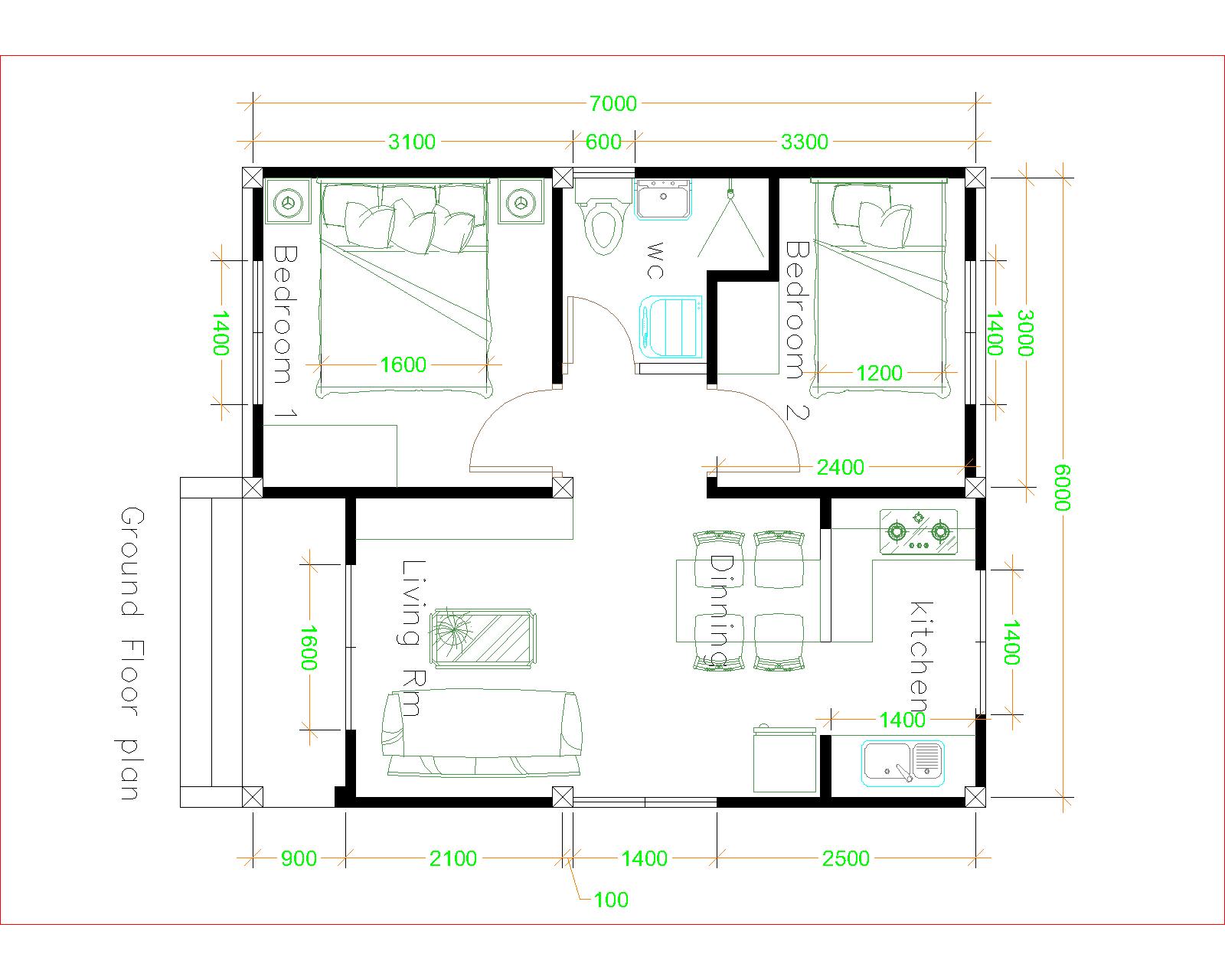 Custom Tiny Homes 6x7 Meter 20x23 Feet 2 Beds floor plan