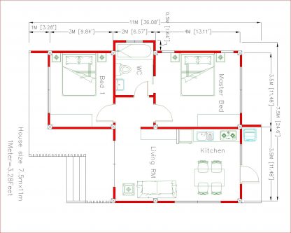 Cute Small Houses 7.5x11 Meter 25x36 Feet 2 Beds - Pro Home DecorZ