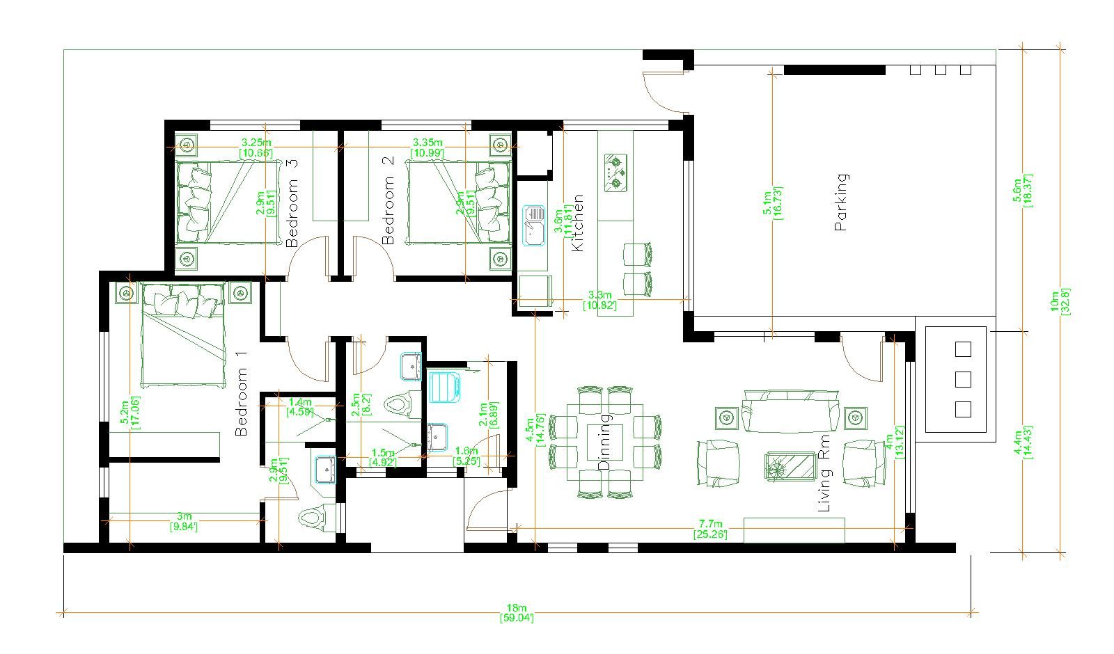 House Design 3d 10x18 Meter 33x59 Feet 3 Bedrooms Terrace Roof floor plan