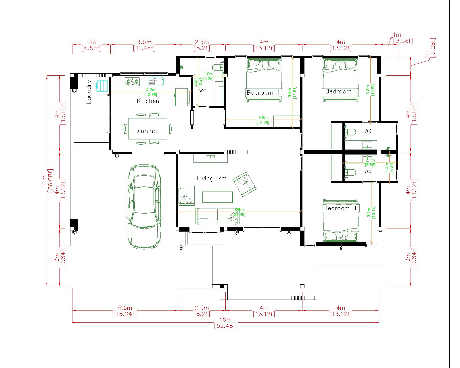 House Designs Plans 16x11 Meter 53x36 Feet 3 Beds layout floor plan