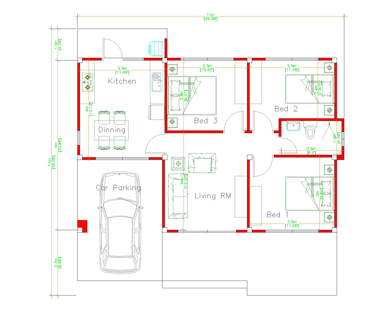 House Floor Plans 11x7 Meter 36x23 Feet 3 Beds layout floor plan