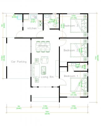 House Layout 10x11 Meter 33x36 Feet 3 Beds - Pro Home DecorZ