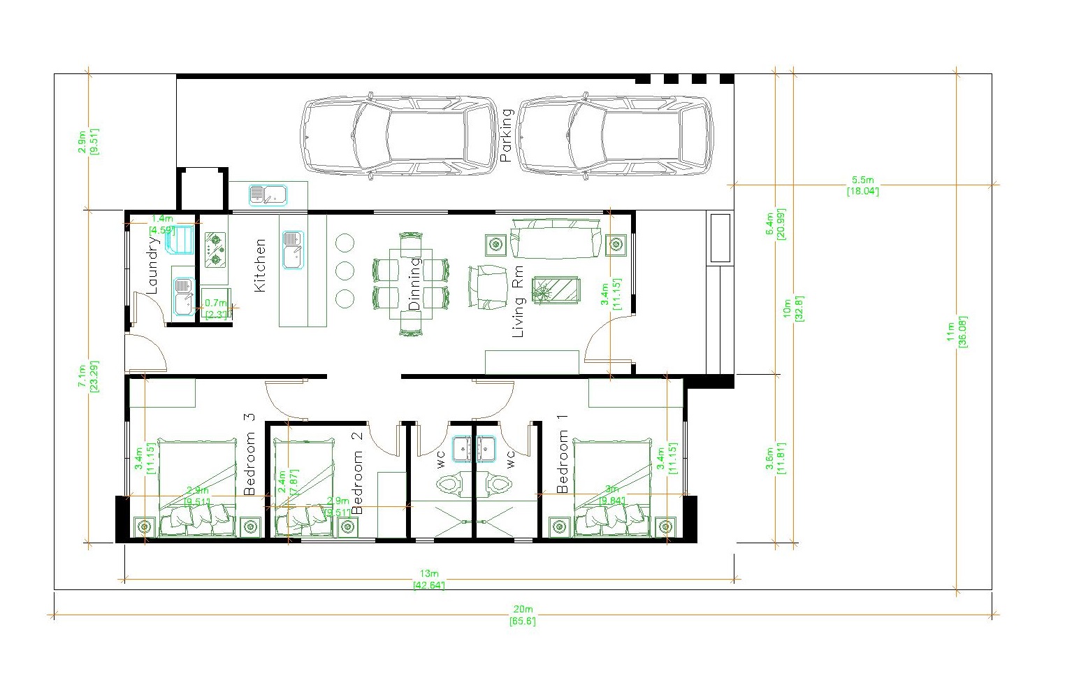 House Layout Design 10x13 Meter 33x43 Feet 3 Beds Layout floor plan