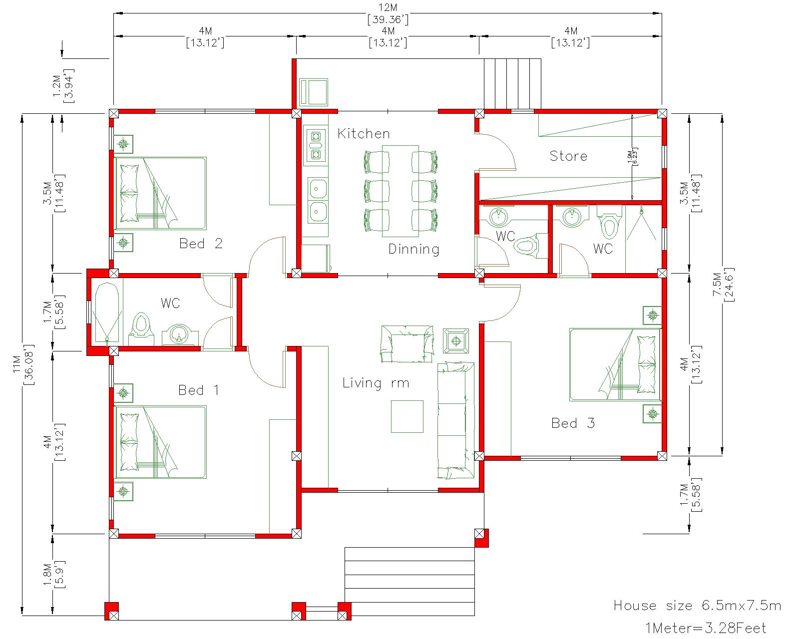House Plan Drawing 12x11 Meter 39x36 Feet 3 Beds floor plan