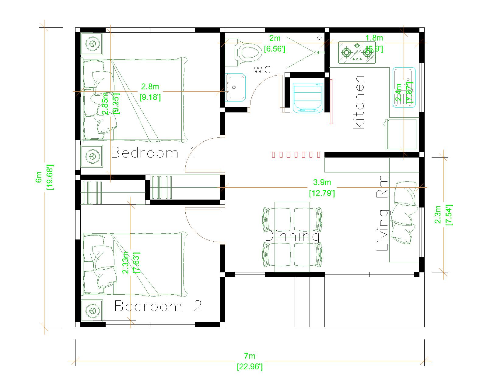 Luxury Tiny House 7x6 Meter 23x20 Feet 2 Beds Layout plan