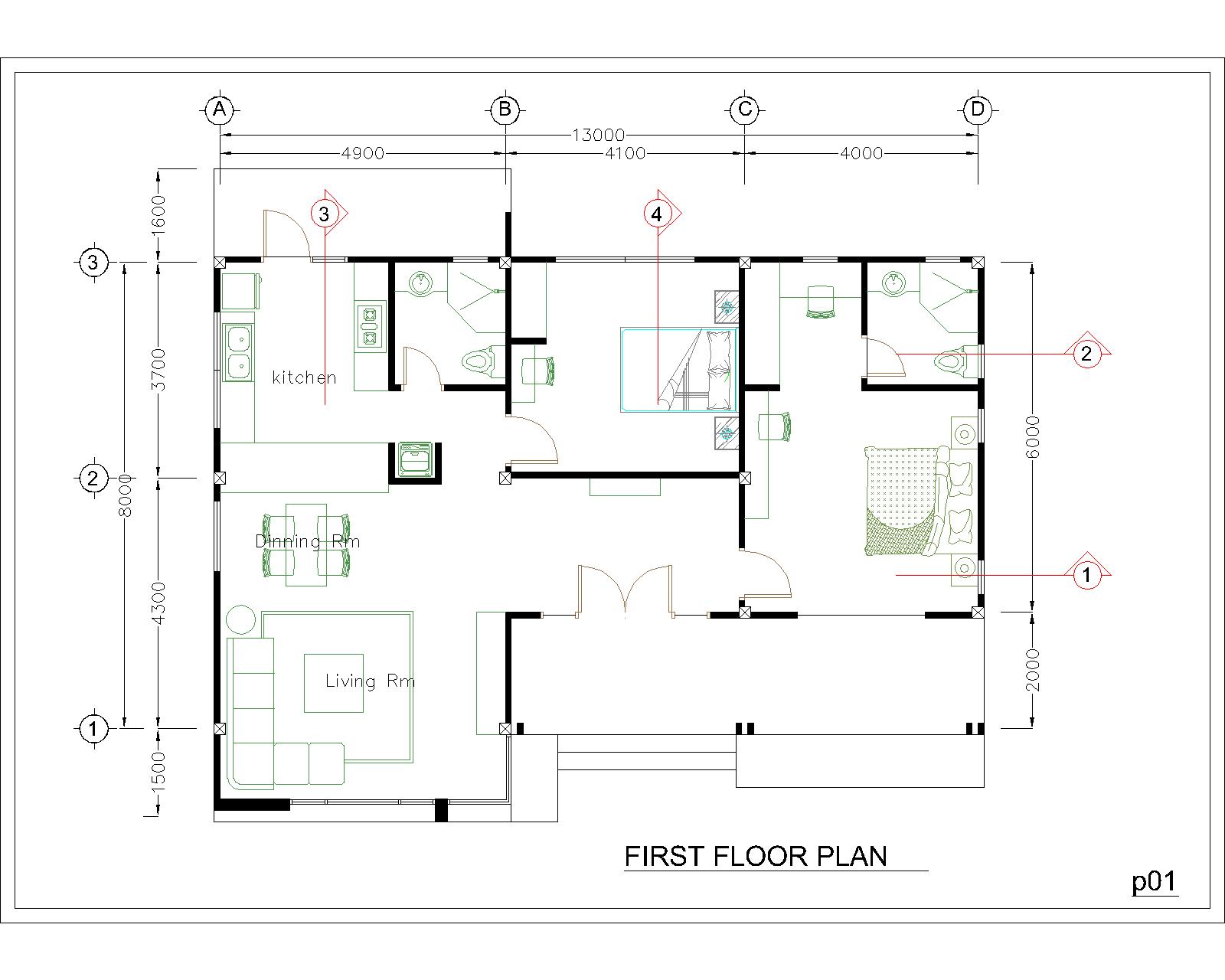 Modern House Floor Plans 13x9.5 Meter 43x31 Feet 2 Beds Layout plan