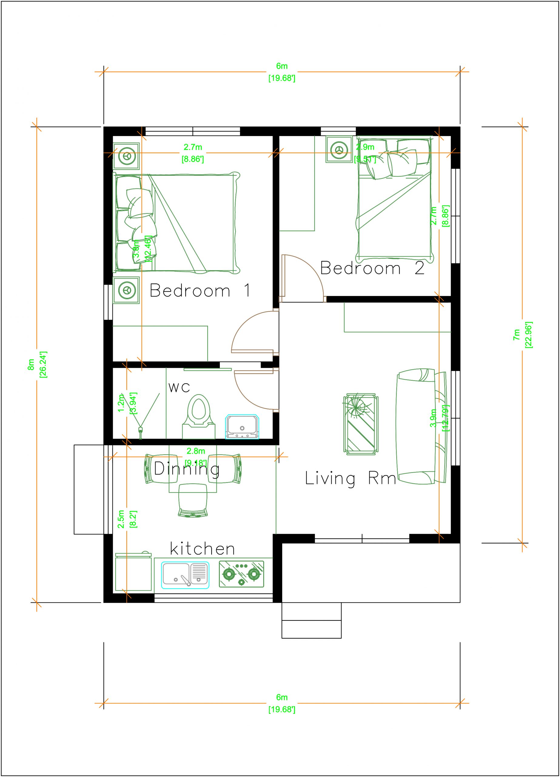 Modern Tiny House 6x8 Meter 20x26 Feet Hip Roof Layout Plan