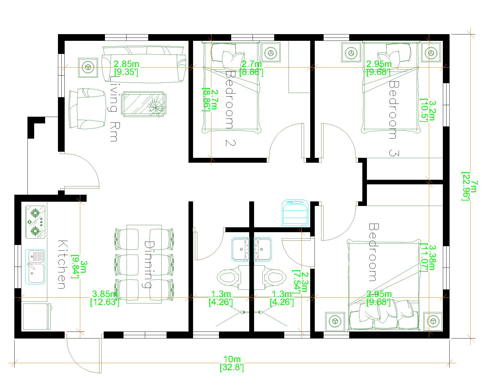 Nice Nmall Houses 7x10 Meter 23x33 Feet 3 Beds floor plan