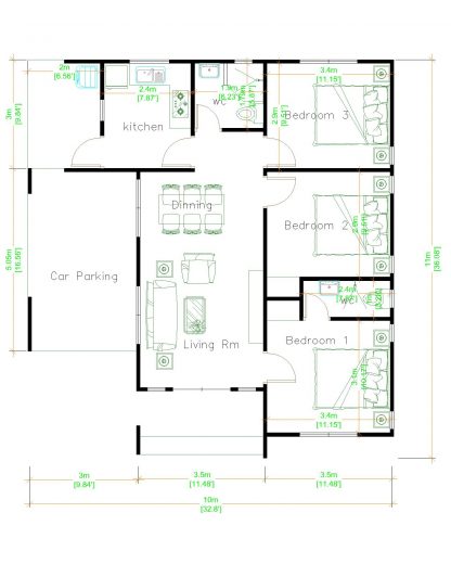 One Storey House 10x11 Meter 33x36 Feet 3 Beds - Pro Home DecorZ