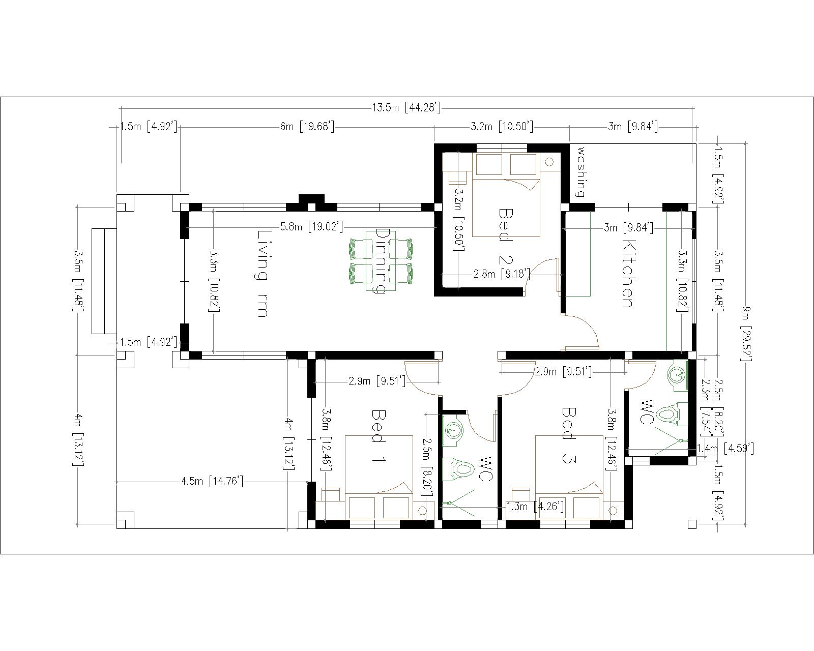 House 9x13 5 Meter With 3 Bedrooms