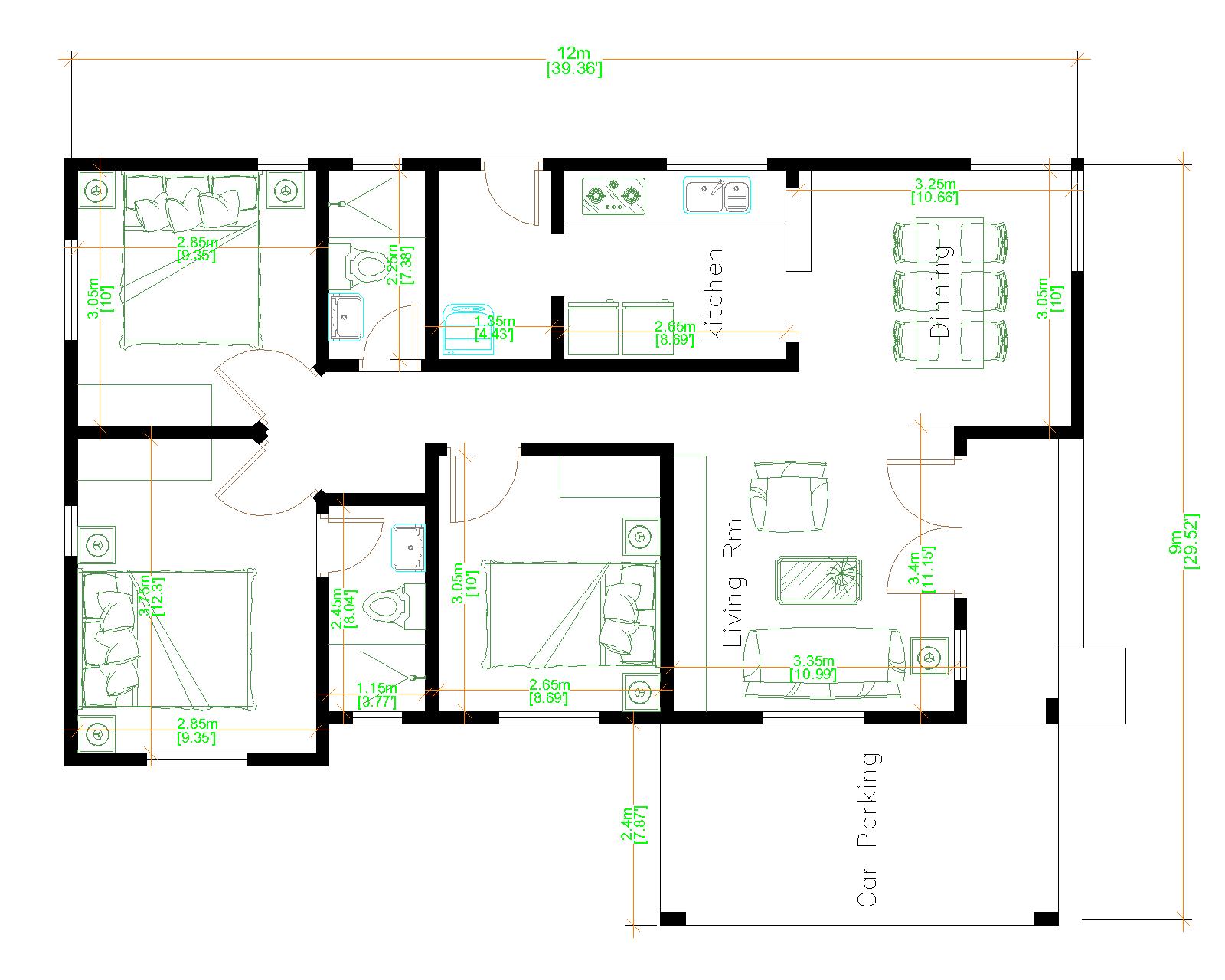 Simple Beautiful House 9x12 Meter 30x40 Feet 3 Beds floor plan