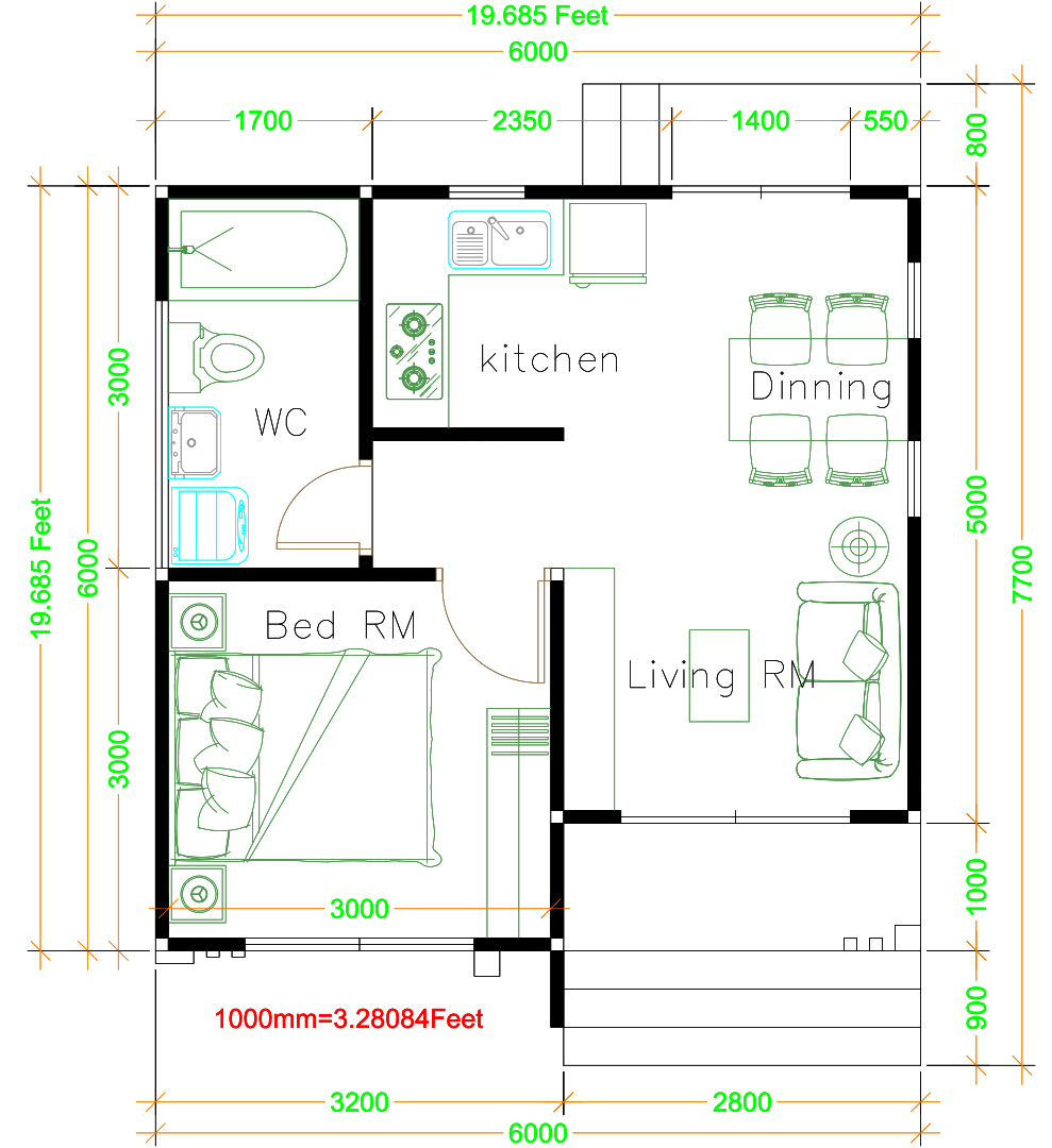 Small Bungalow House 6x6 Meter 20x20 Feet Hip Roof Floor plans