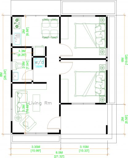 Small Cottage House 6.5x8 Meter 21x26 Feet Hip Roof - Pro Home DecorZ