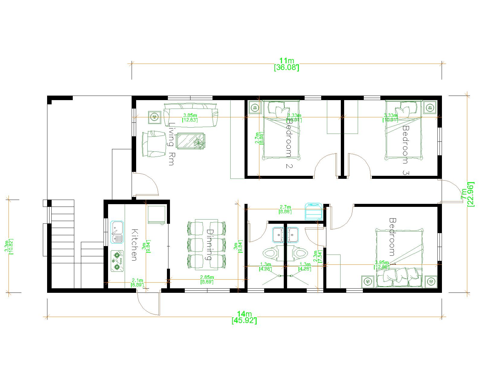 Small Custom Homes 7x14 Meter 23x46 3 Beds Layout floor plan