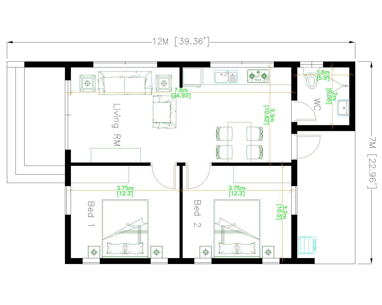 Small Family House 7x12 Meter 23x40 Feet 2 Beds Floor plan