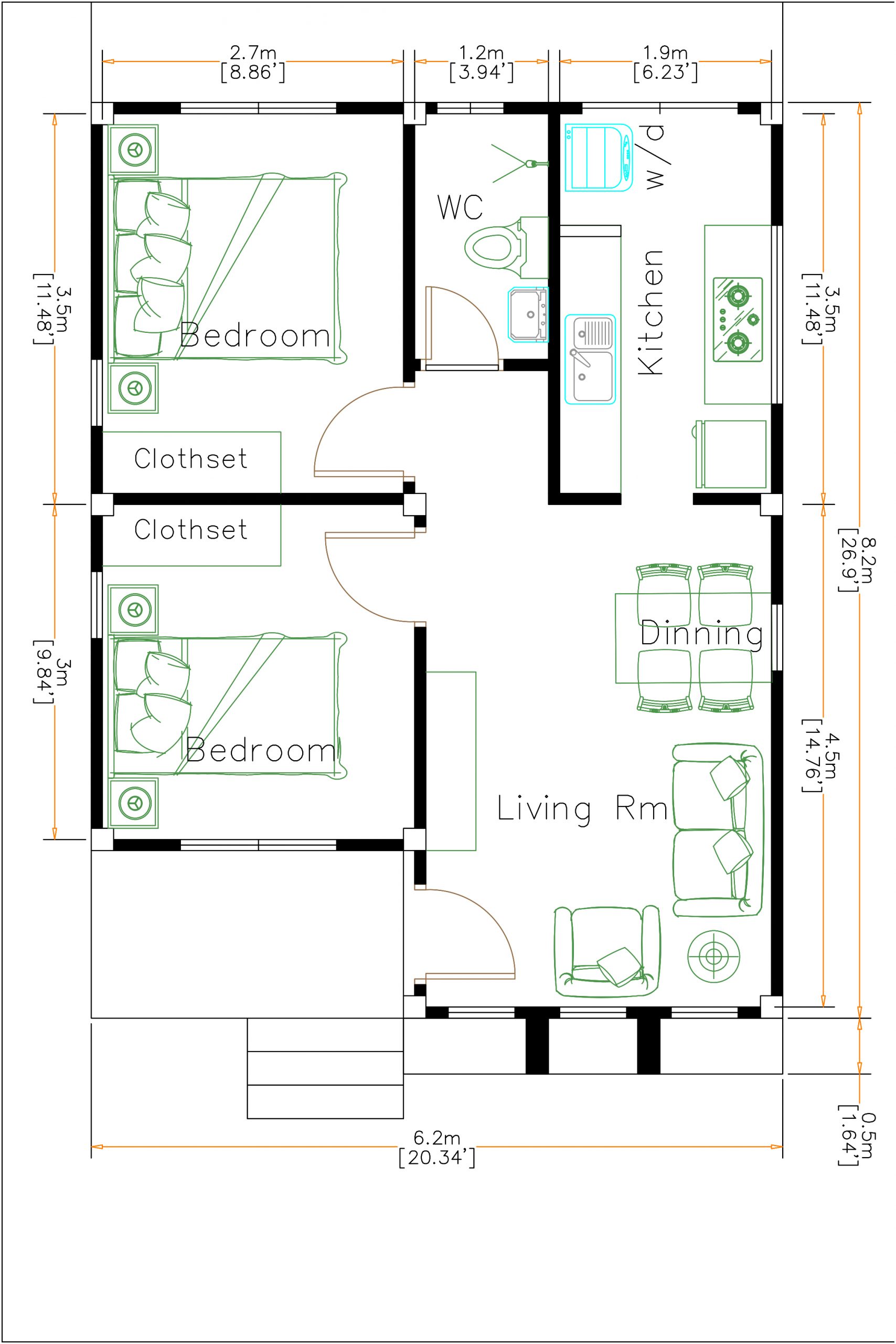 Small House Floor Plans 6x8 Meter 20x27 Feet 2 Beds