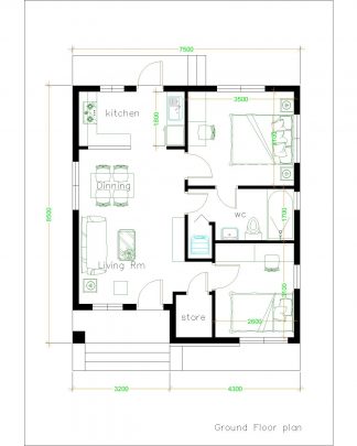 Small House Layout 7.5x8.5 Meter 25x28 Feet 2 beds - Pro Home DecorZ