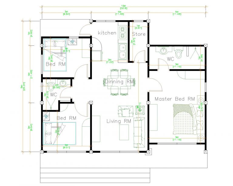 Small House Plans 10x8 Meter 27x34 Feet 3 Beds - Pro Home DecorZ
