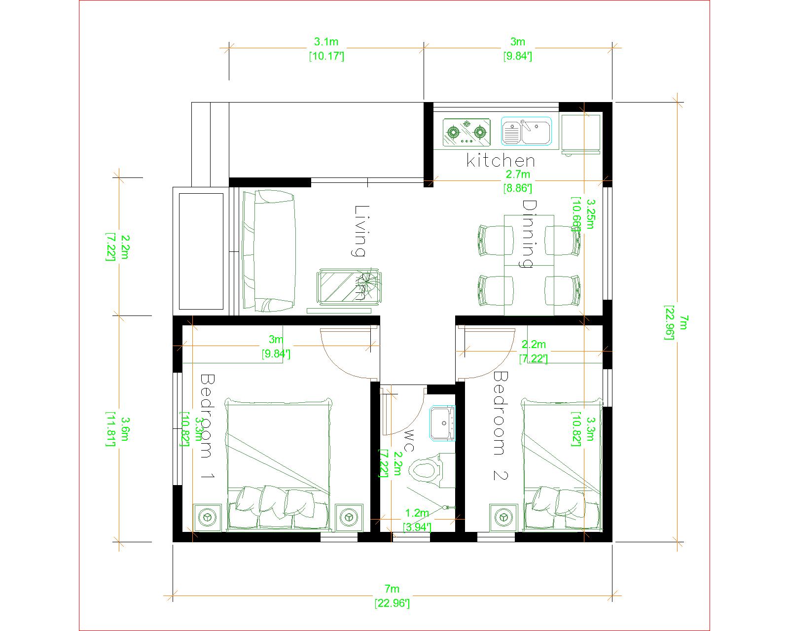 Small Luxury Homes 7x7 Meter 24x24 Feet 2 Beds layout plan