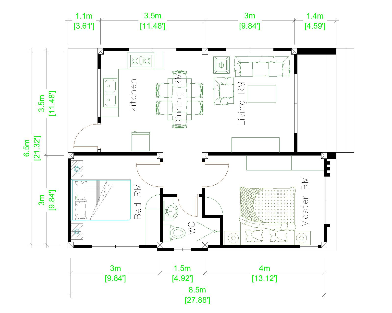 Small Mansion 6.5x8.5 Meter 22x28 Feet Hip roof Layout plan