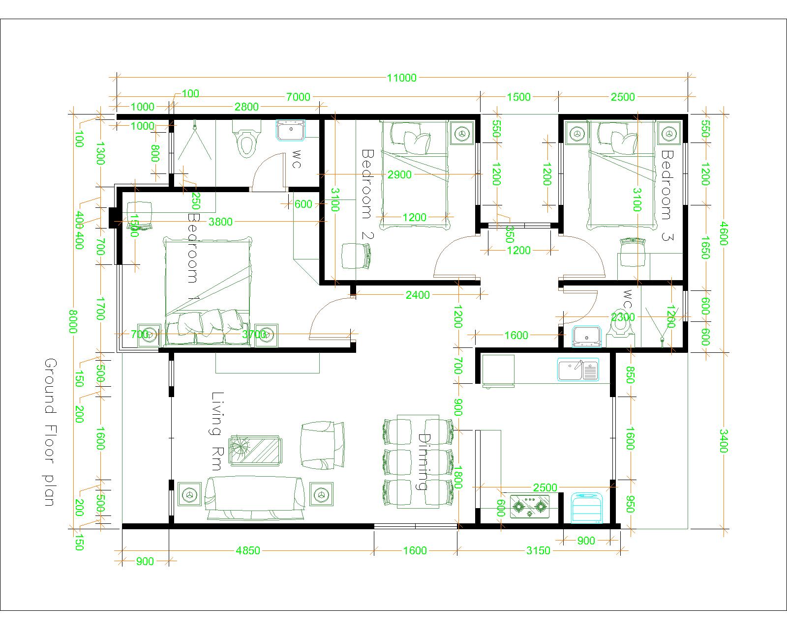Small Villa Designs 8x11 Meter 26x36 Feet 3 Beds Layout Plan