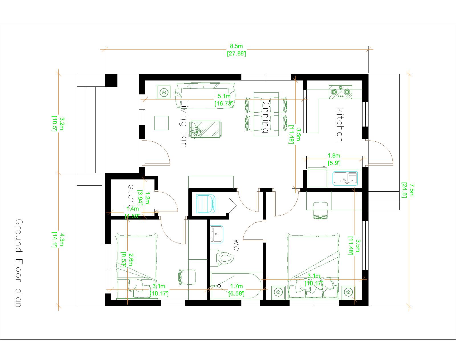 Two Bedroom Tiny House 7.5x8.5 Meter 25x29 Feet Layout floor plan