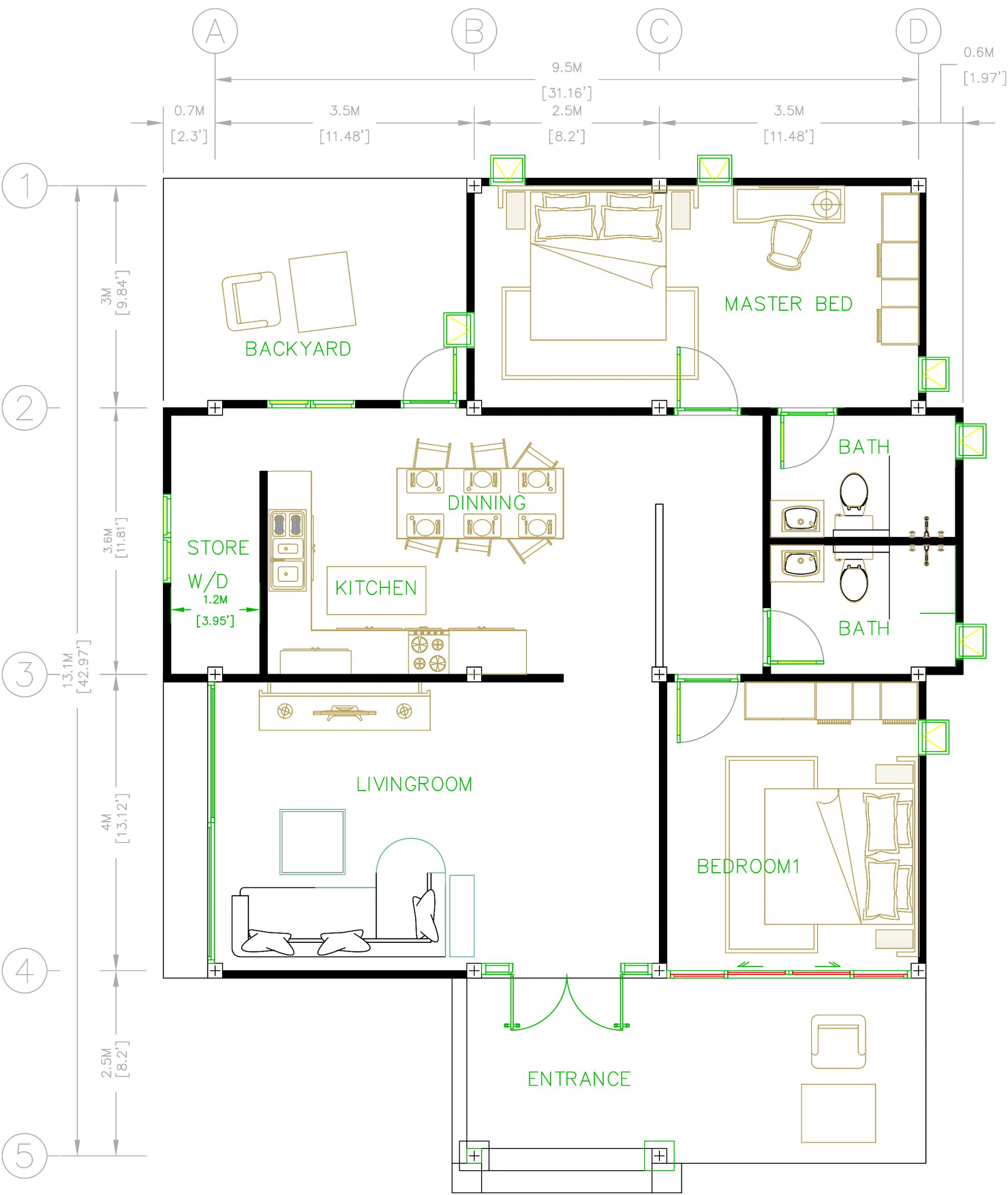 Bungalow House Plans 31x43 Feet 9x13.5 Meters 2 Beds House layout floor plan