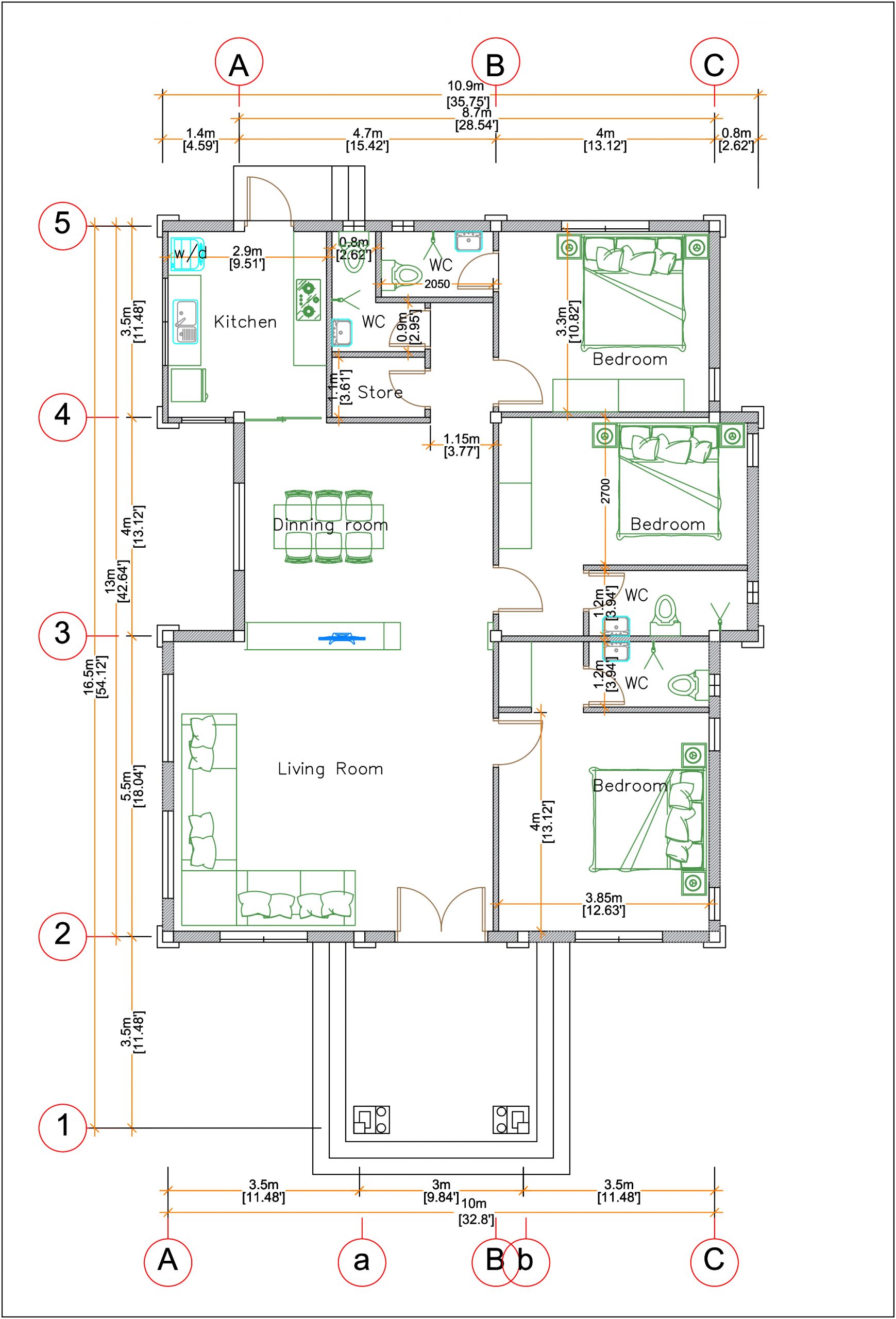 Contemporary House 33x54 feet 10x16 meter 3 Beds Layout floor plan