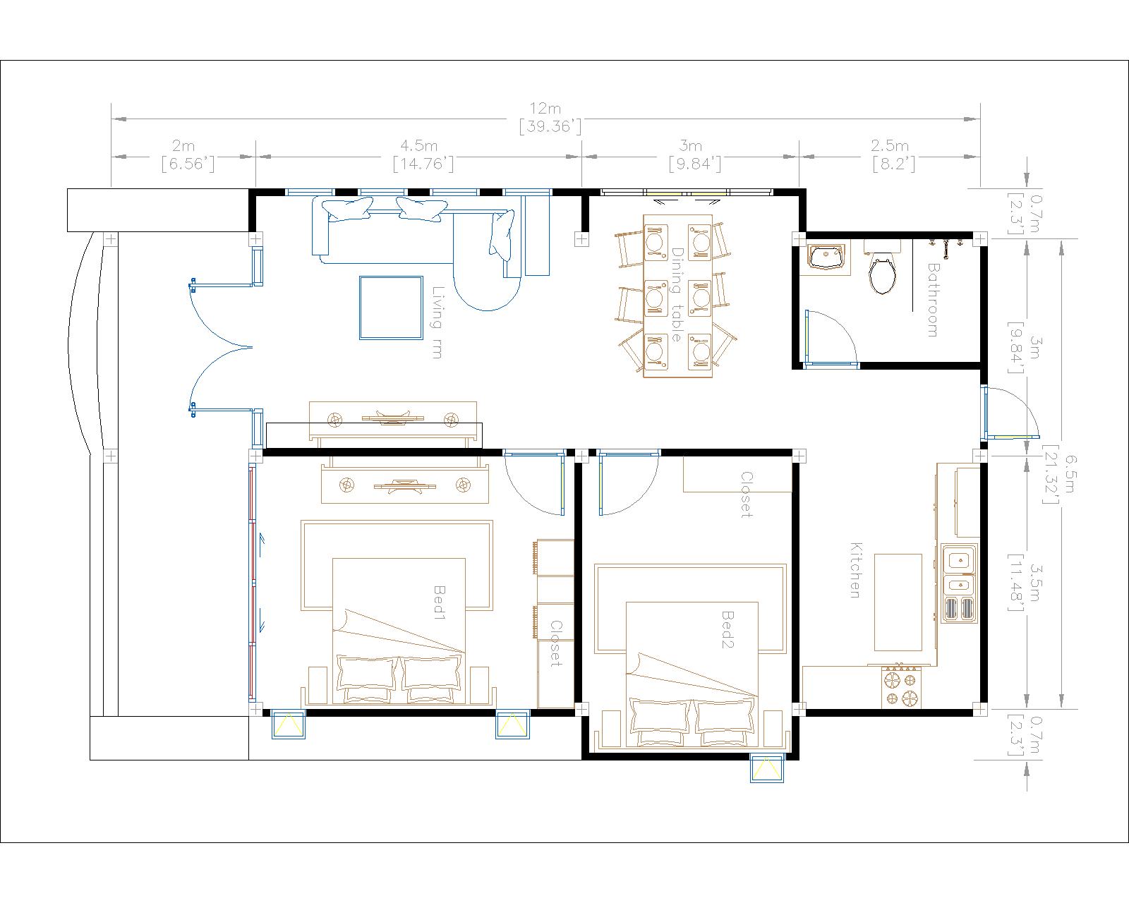 Cottage House Plans 8x12 Meter 26x40 Feet 2 Beds House layout floor plan