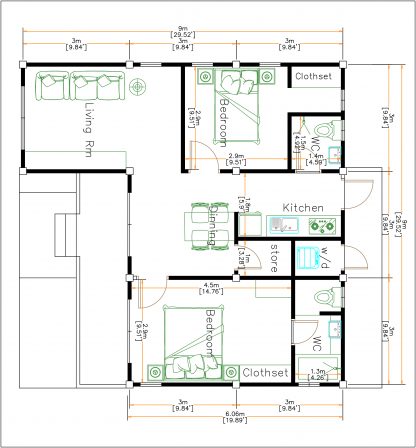 Exterior Home Design 9x9 Meters 30x30 Feet 2 Beds - Pro Home DecorZ