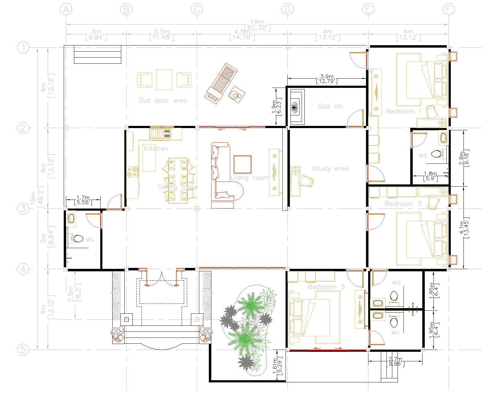 Home Design Plans 19x15 Meter 63x49 Feet 3 Beds Layout floor plan