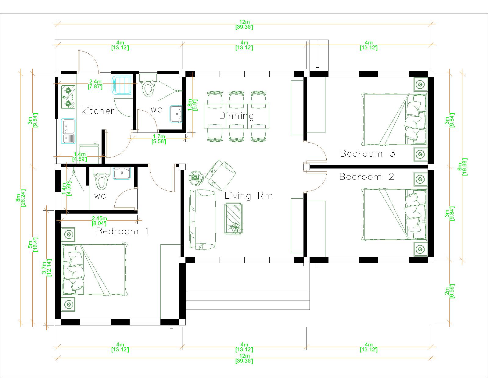 Home Layout Design 12x8 Meter 40x27 Feet 3 Beds Layout floor plan
