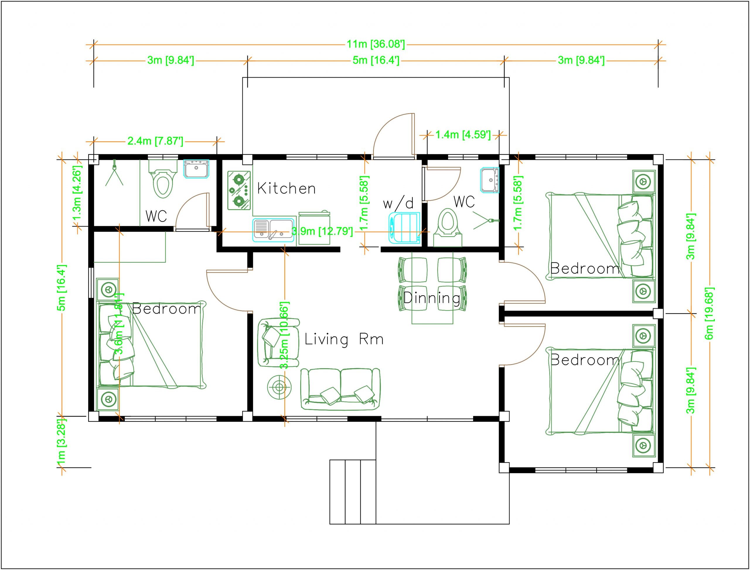 Modern Home Design 11x6 Meters 36x20 Feet 3 Beds Layout floor plan
