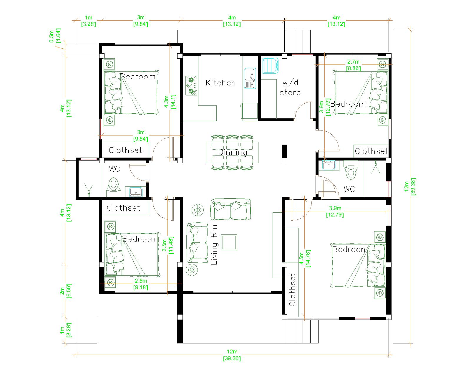 Modern Farmhouse Plans 12x12 Meter 39x39 Feet 4 Beds floor plan