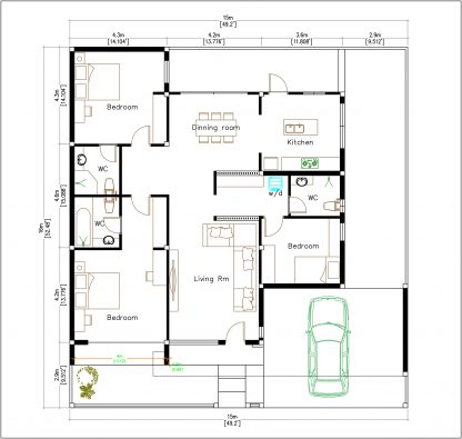 Modern House Plans 15x16 Meter 49x53 Feet 3 Beds - Pro Home DecorZ