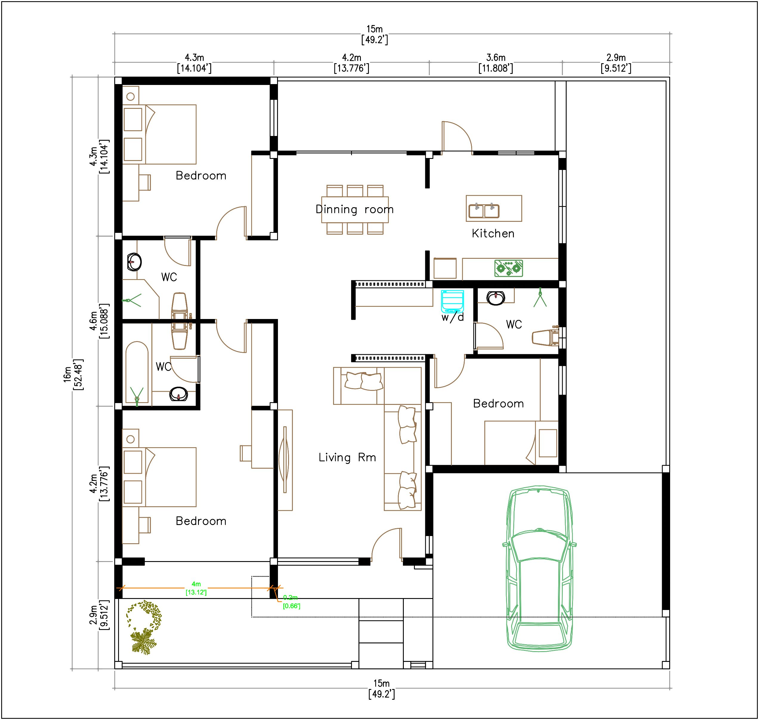 Modern House Plans 15x16 Meter 49x53 Feet 3 Beds House layout floor plan