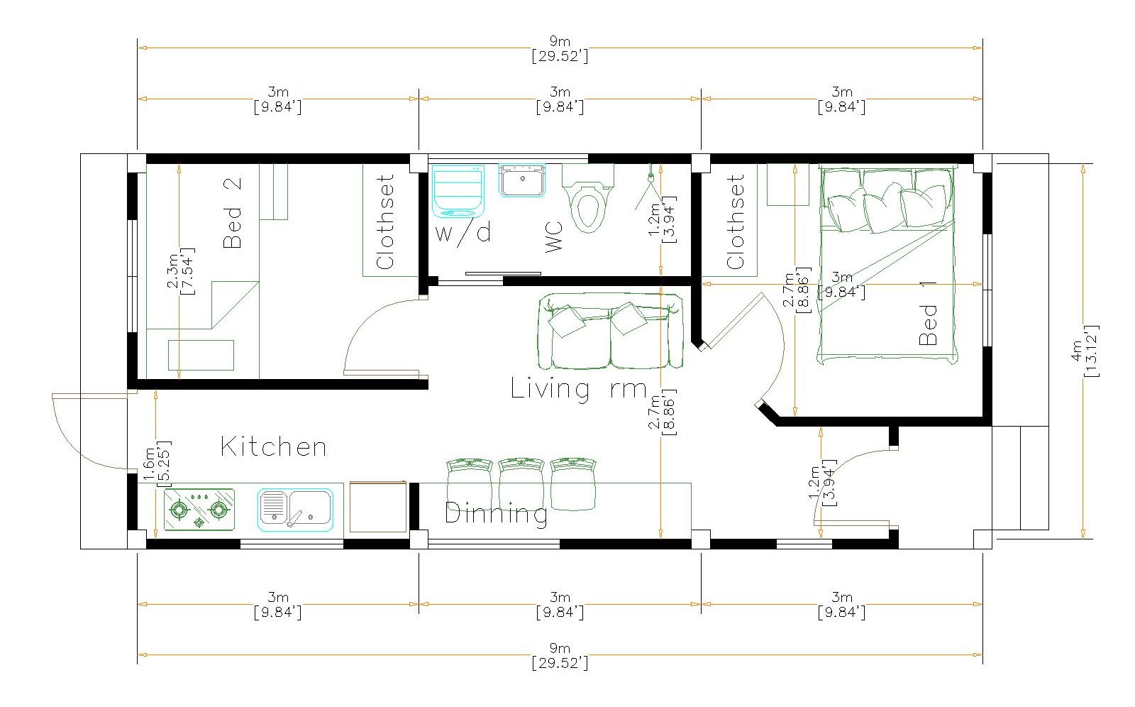 Modern Small House Design 44x9 Meter 13x30 Feet floor plan