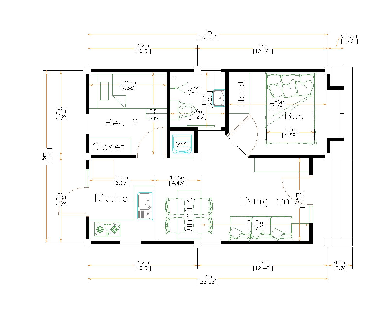 New Small House Designs 5x7 Meters 16x23 Feet floor plan