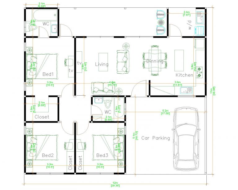 Single Floor House Plans 12x11 Meter 39x36 Feet - Pro Home DecorZ