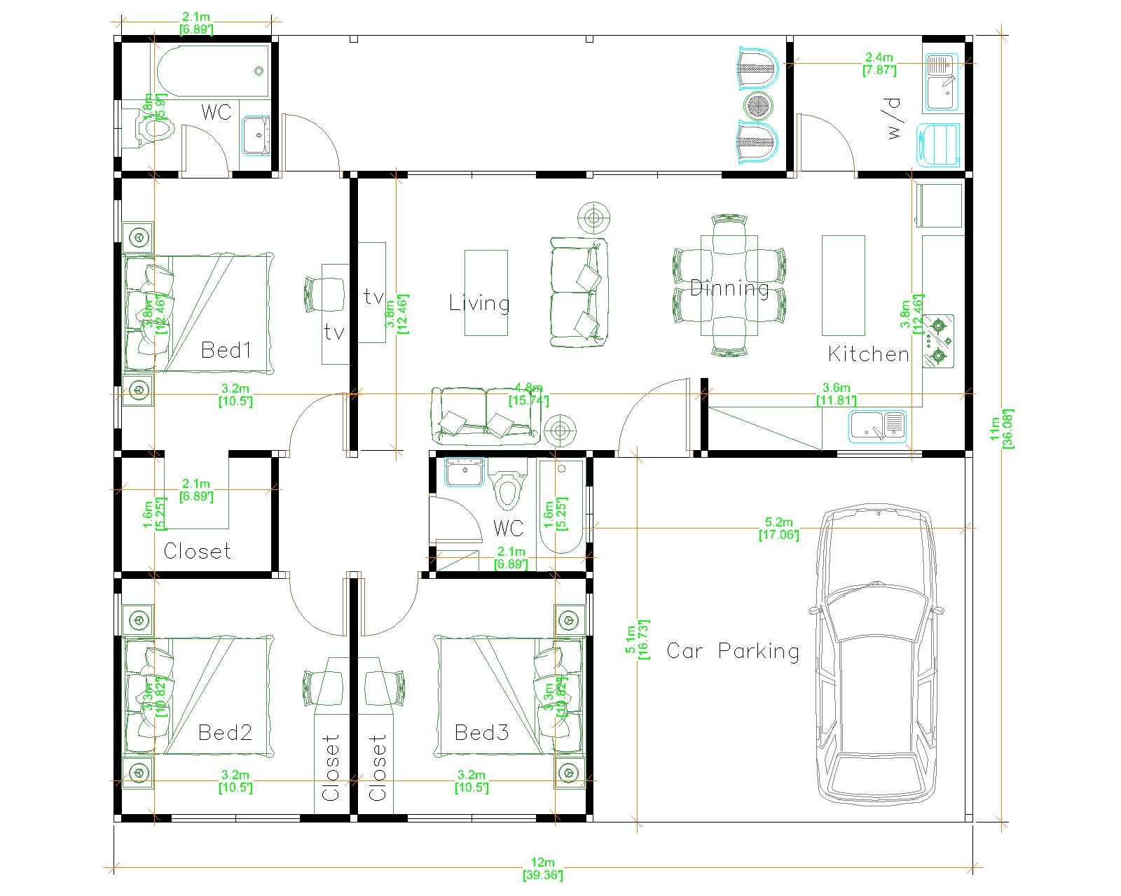 Single Story House 12x11 Meter 39x36 Feet 3 Beds floor plan