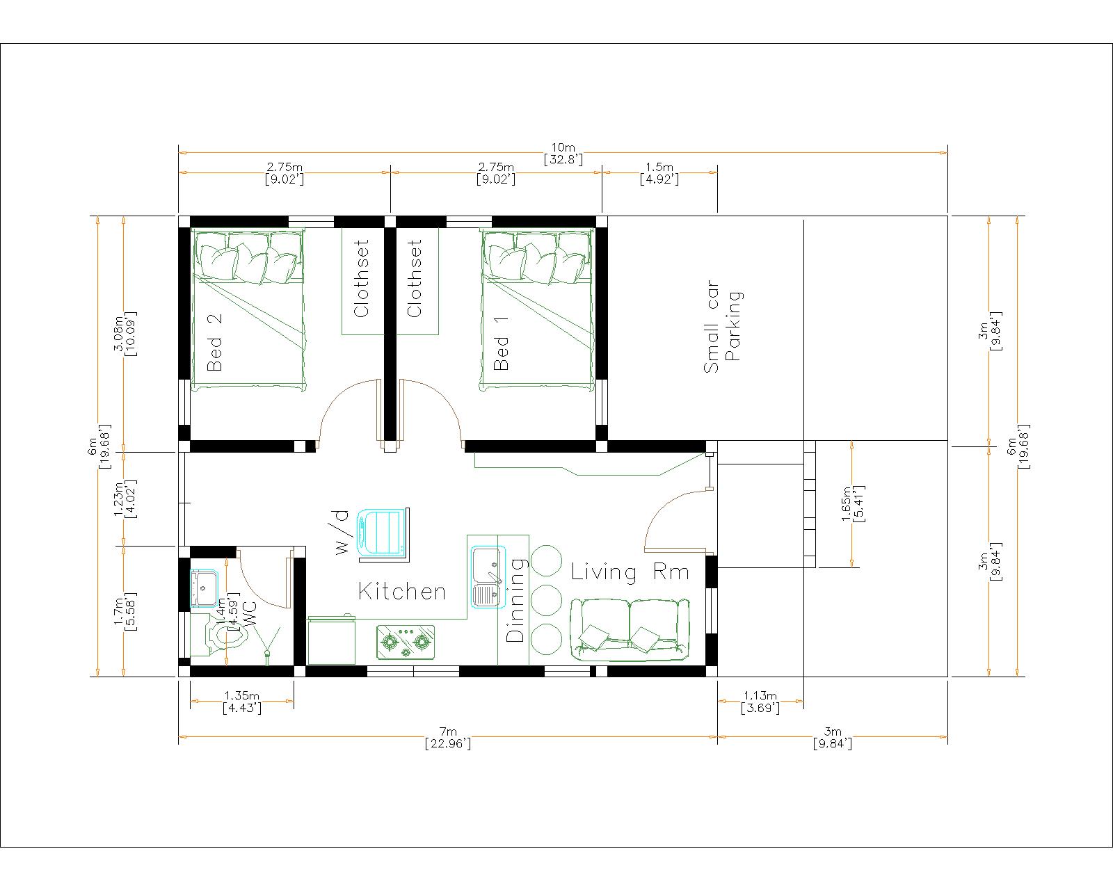 Small Brick Houses 6x7 Meter 20x23 Feet 2 Bed layout floor plan