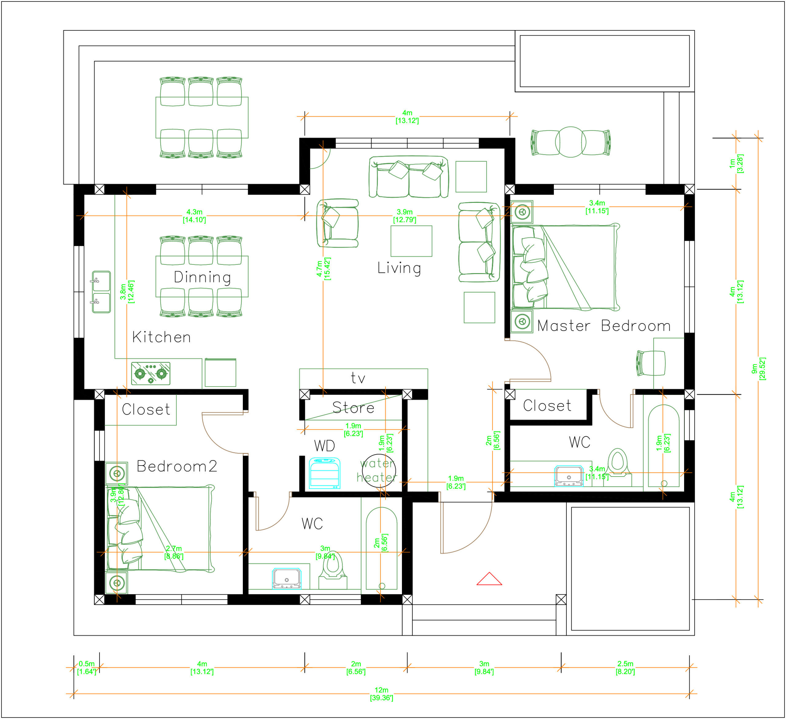 Online House Design 12x9 Meter 40x30 Feet 2 Beds floor plan