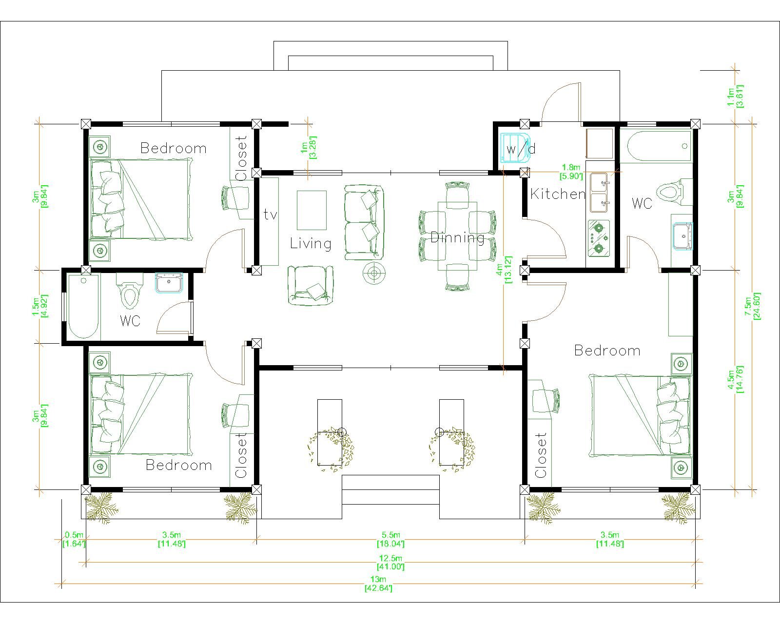 3d House Drawing 13x7.5 Meter 43x25 Feet 3 Beds Layout floor plan