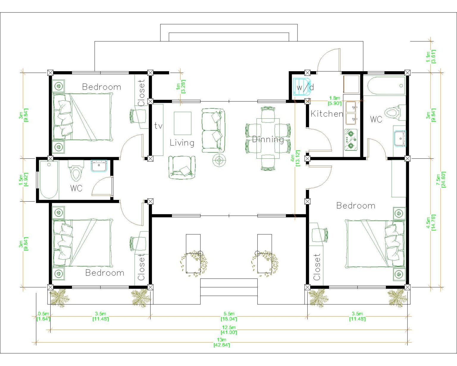 House Plans 13x7.5 Meter 43x25 Feet 3 Beds - Pro Home DecorZ