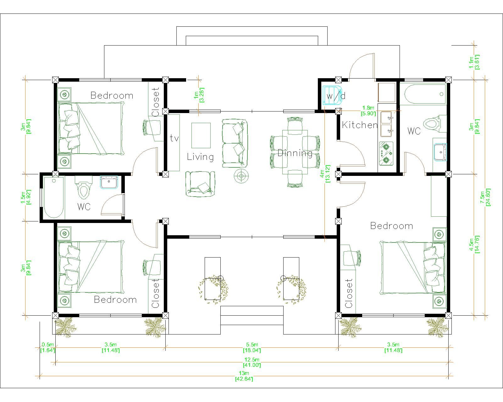 House Plans 13x7.5 Meter 43x25 Feet 3 Beds - Pro Home Decor Z