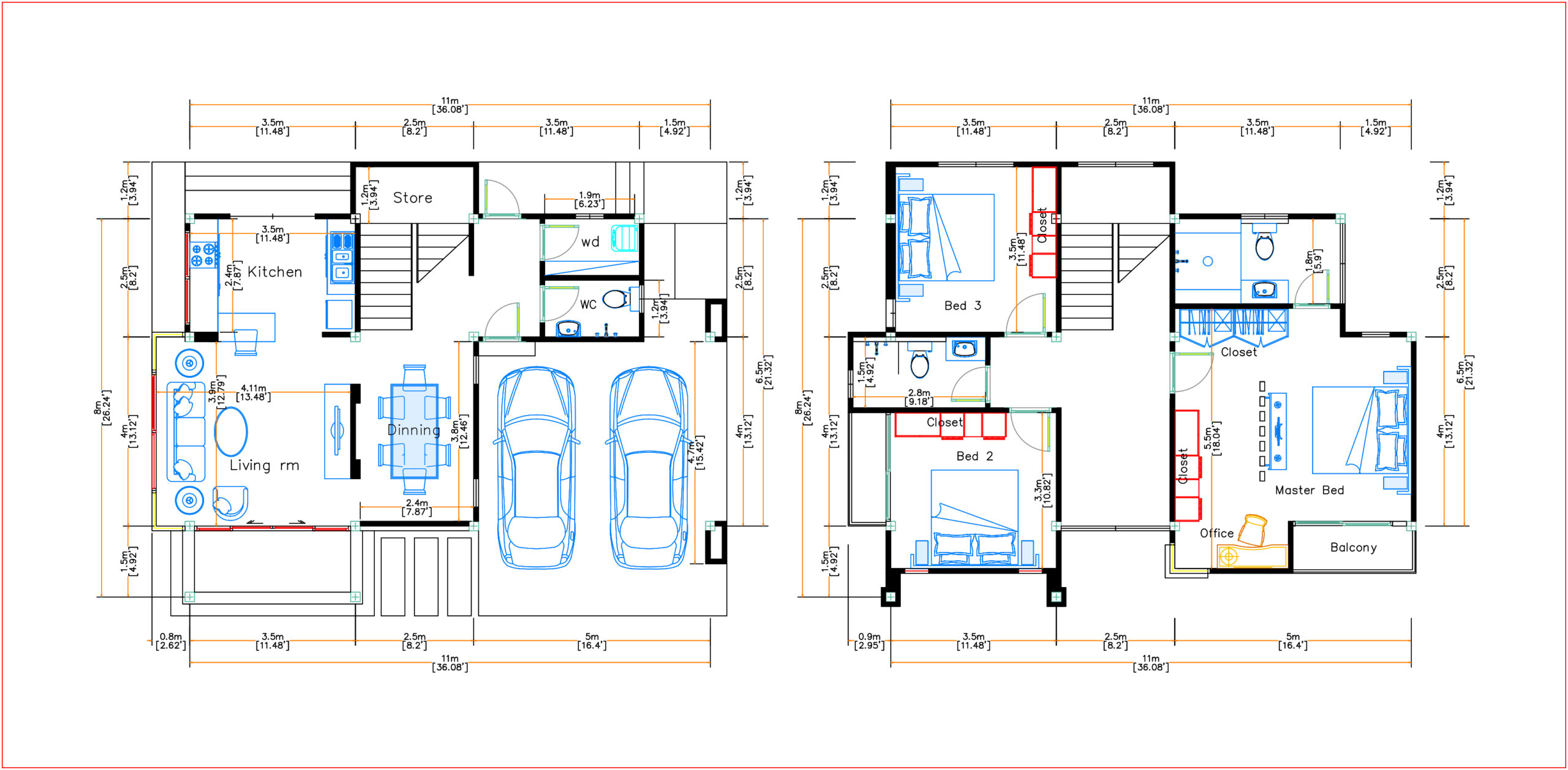 House Design 11x8 Meter 36x26 Feet 3 Beds Layout floor plan