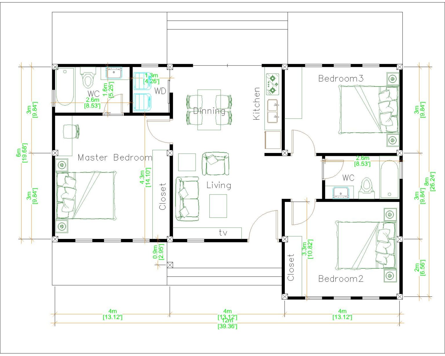 Luxury House Plans 12x8 Meters 40x26 Feet 3 Beds - Pro Home DecorZ