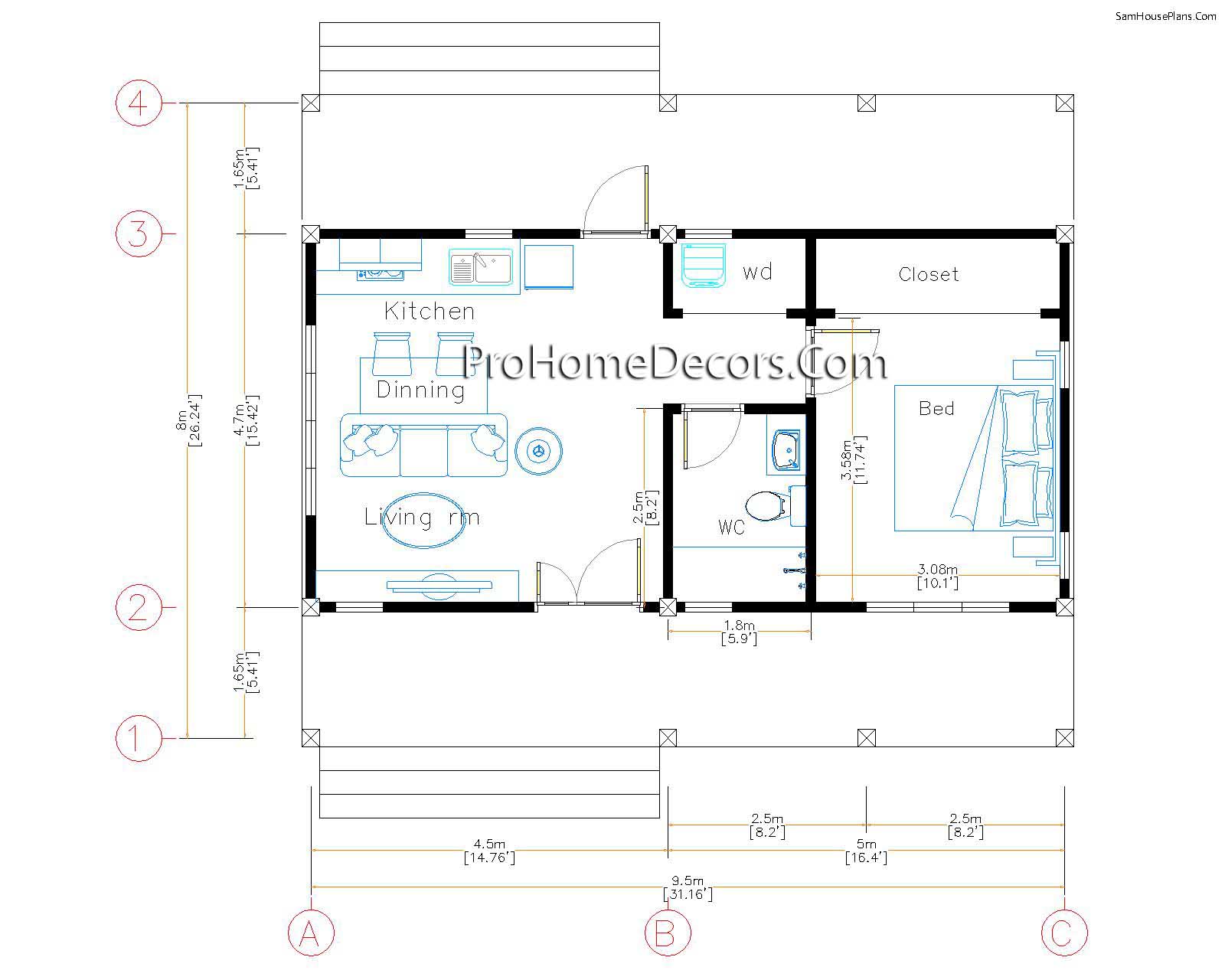 Layout House Plans 32x16 with 1 Bedroom PDF Floor Plan